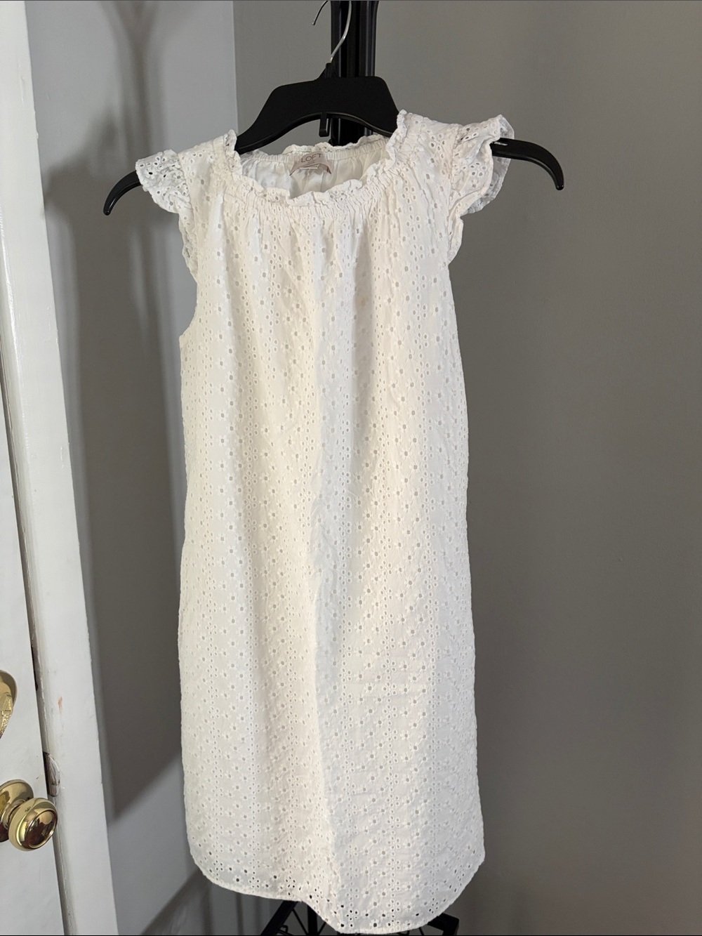 LOFT White Eyelet Midi Dress with Ruffle Cap Sleeves